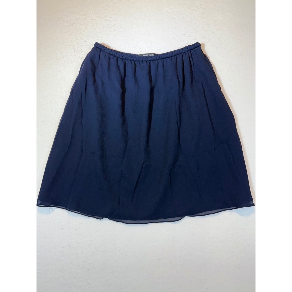 Ellen Tracy Navy Blue Pleated Midi Skirt Women's Size 6 Chiffon